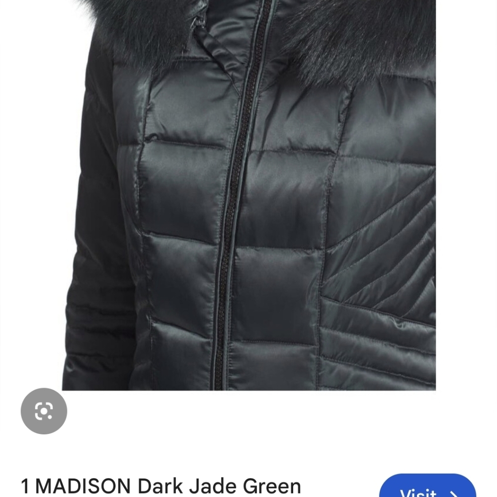 1 Madison Dark Jade Green Down Puffer Coat With Fur Trimmed Hood - Picture 8 of 12